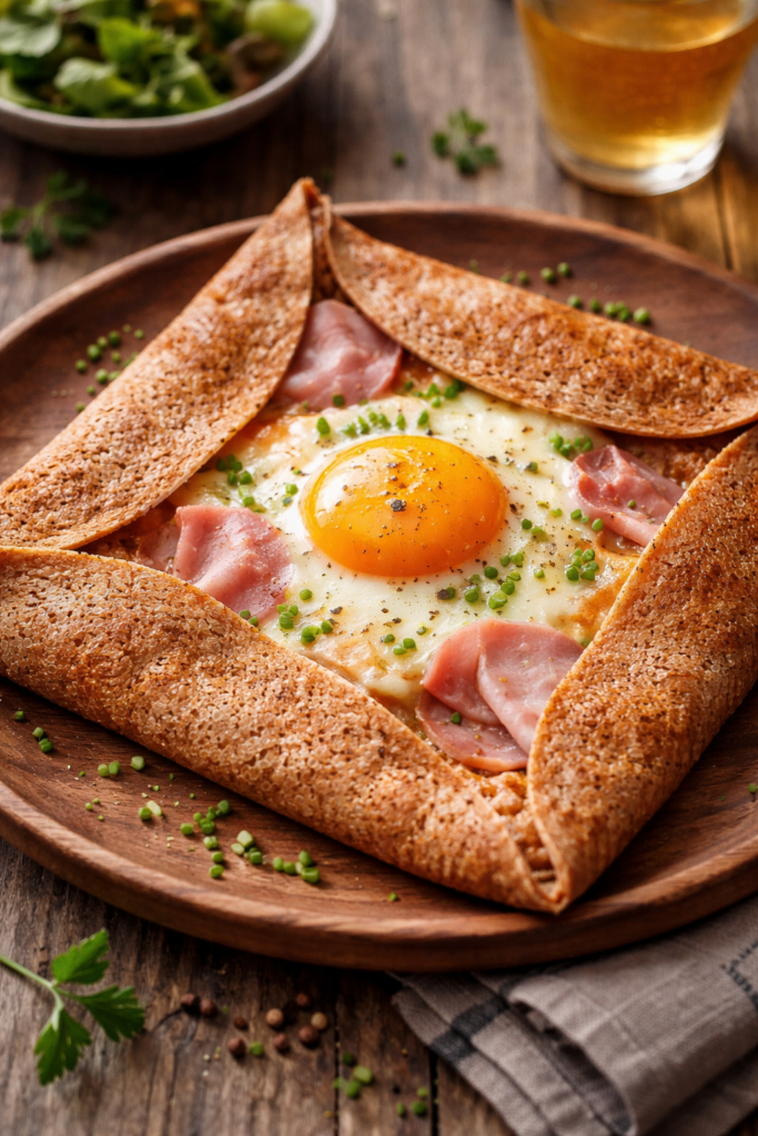 Crêpe au sarrasin garnie pour une animation culinaire sur un stand dans une foire ou salon